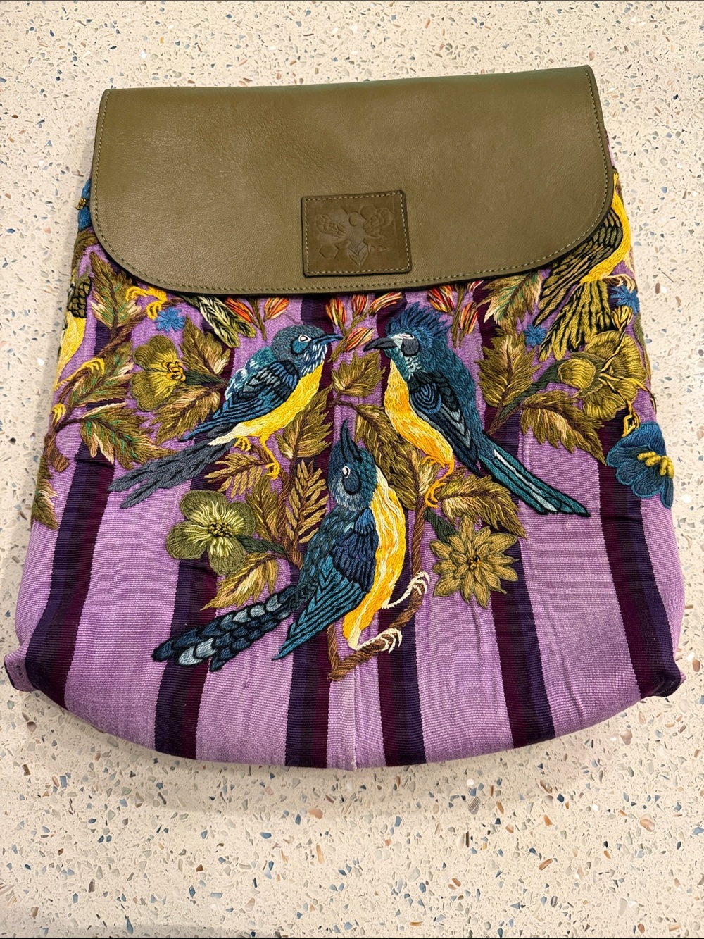 Olive & Purple Embroidered Bird Shoulder Bag (dust cover included)